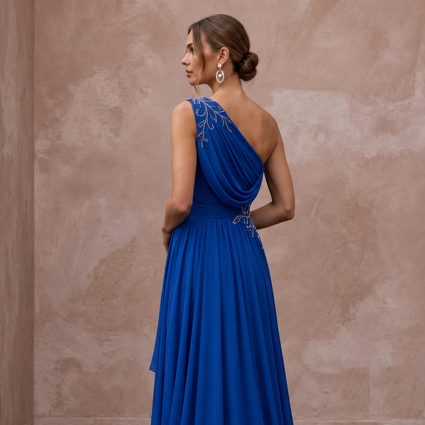 Royal Blue Chiffon One-Shoulder Flowing Asymmetrical Evening Gown