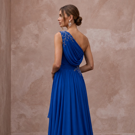 Royal Blue Chiffon One-Shoulder Flowing Asymmetrical Evening Gown
