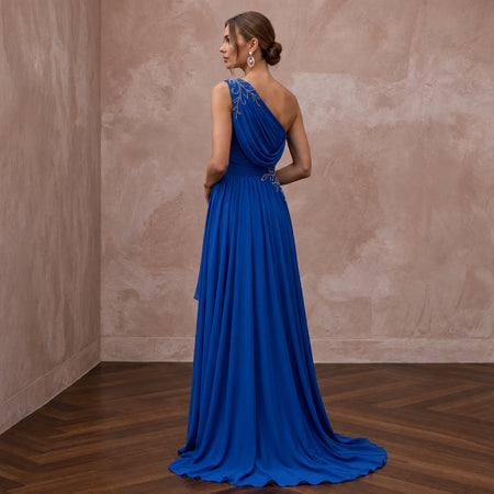 Royal Blue Chiffon One-Shoulder Flowing Asymmetrical Evening Gown