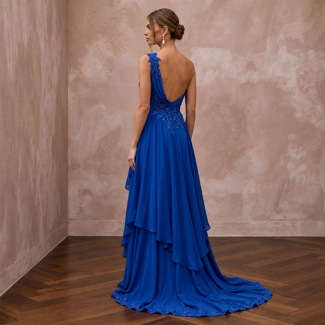 Royal Blue Chiffon One-Shoulder Flowing Asymmetrical Evening Gown Secondary image