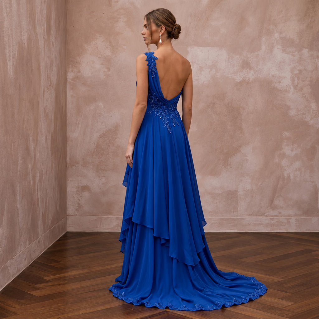 Royal Blue Chiffon One-Shoulder Flowing Asymmetrical Evening Gown