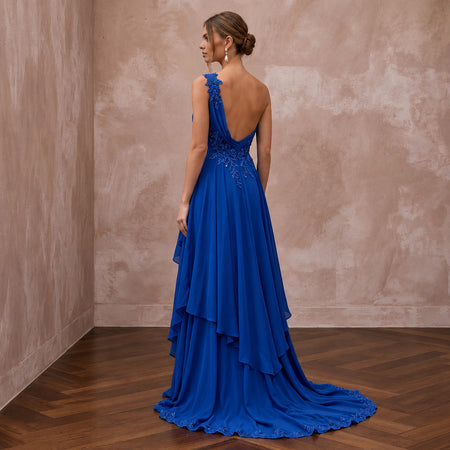 Royal Blue Chiffon One-Shoulder Flowing Asymmetrical Evening Gown