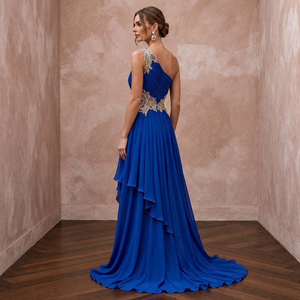 Royal Blue Chiffon One-Shoulder Flowing Asymmetrical Evening Gown