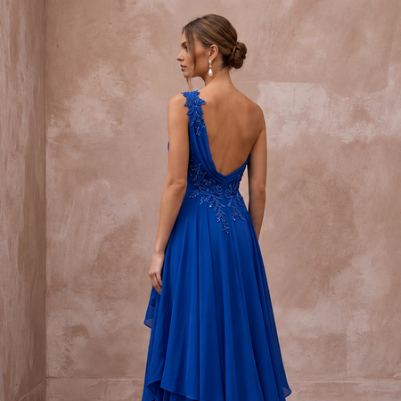 Royal Blue Chiffon One-Shoulder Flowing Asymmetrical Evening Gown