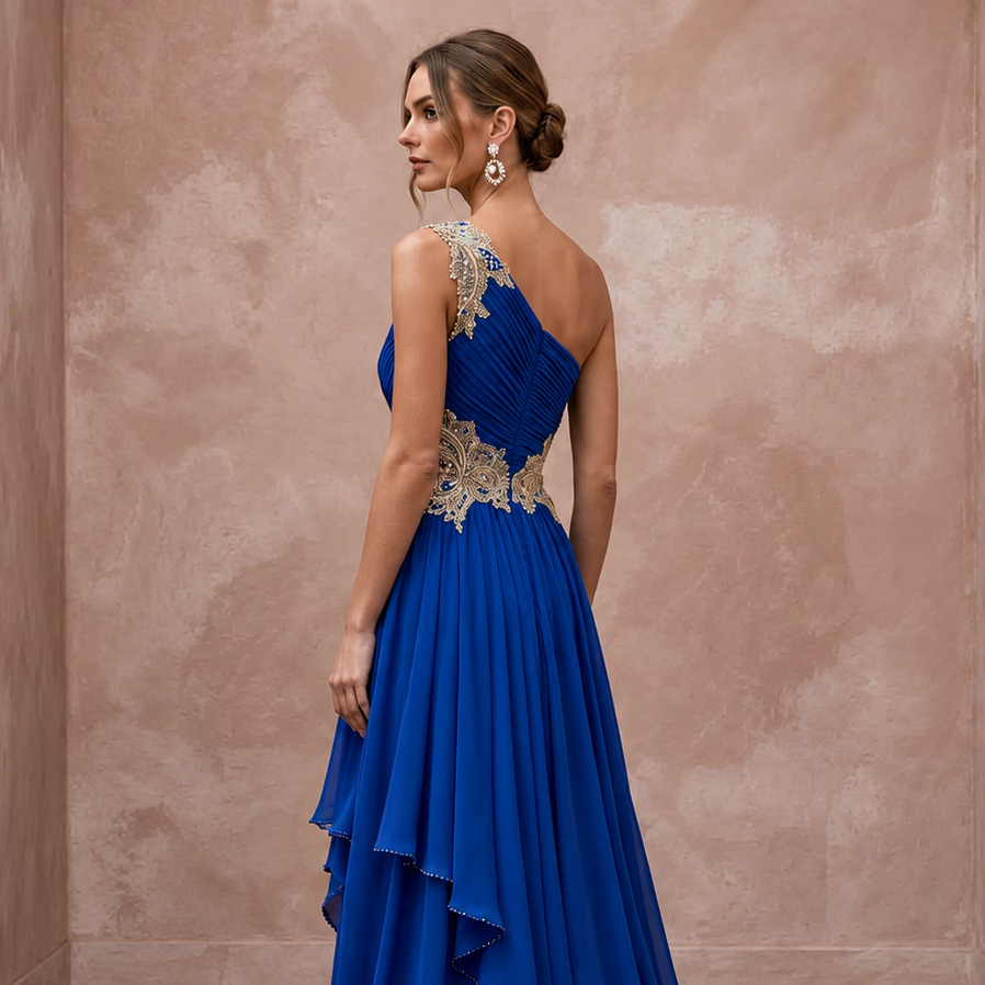 Royal Blue Chiffon One-Shoulder Flowing Asymmetrical Evening Gown