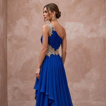 Royal Blue Chiffon One-Shoulder Flowing Asymmetrical Evening Gown
