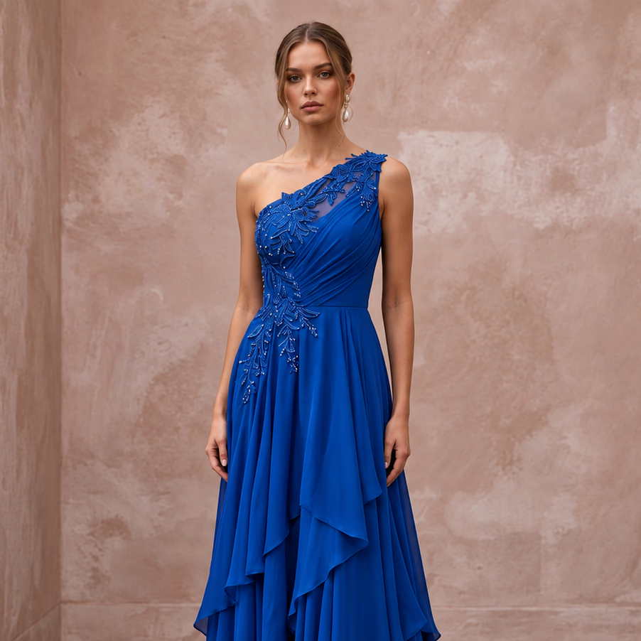 Royal Blue Chiffon One-Shoulder Flowing Asymmetrical Evening Gown