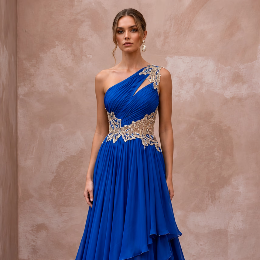 Royal Blue Chiffon One-Shoulder Flowing Asymmetrical Evening Gown