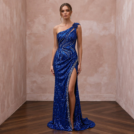 Royal Blue Sequined One-Shoulder Asymmetrical Slit Formal Gown