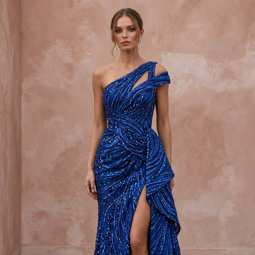 Royal Blue Sequined One - Shoulder Asymmetrical Slit Gown - Apparel & Accessories > Clothing > Wedding & Bridal Party Dresses > Wedding Dresses - Mignonette Bridal