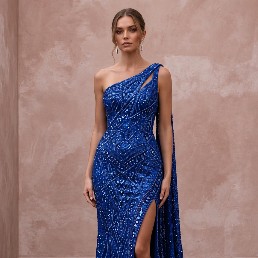 Royal Blue Sequined One-Shoulder Asymmetrical Slit Gown