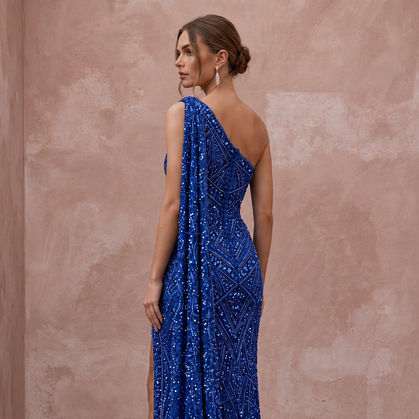 Royal Blue Sequined One-Shoulder Asymmetrical Slit Gown