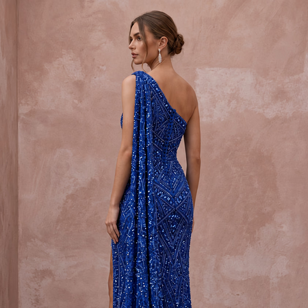Royal Blue Sequined One-Shoulder Asymmetrical Slit Gown
