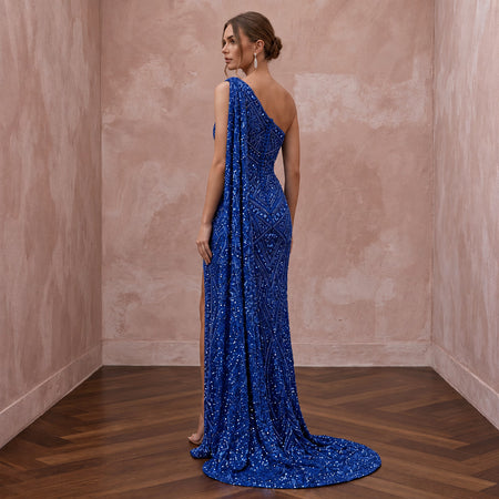 Royal Blue Sequined One-Shoulder Asymmetrical Slit Gown
