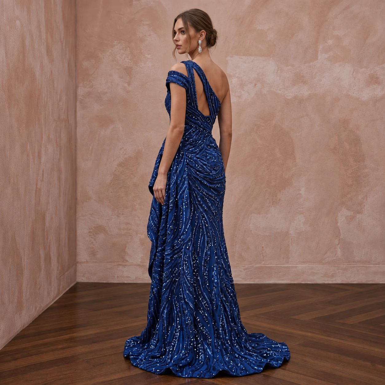 Royal Blue Sequined One-Shoulder Asymmetrical Slit Gown Secondary image