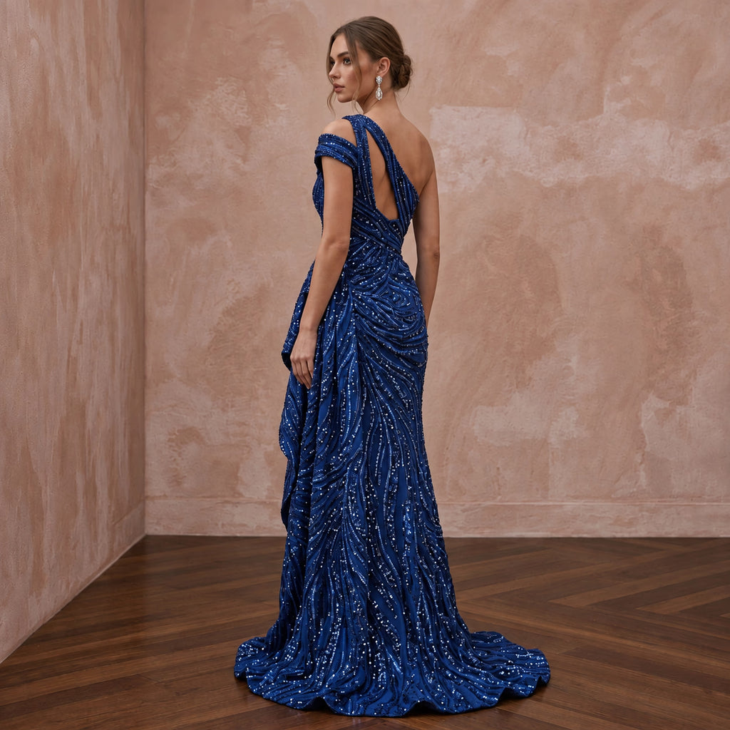 Royal Blue Sequined One - Shoulder Asymmetrical Slit Gown - Apparel & Accessories > Clothing > Wedding & Bridal Party Dresses > Wedding Dresses - Mignonette Bridal