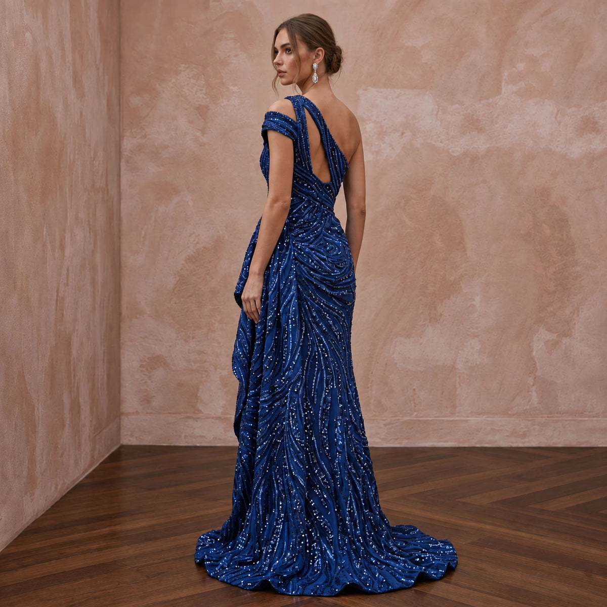Royal Blue Sequined One - Shoulder Asymmetrical Slit Gown - Apparel & Accessories > Clothing > Wedding & Bridal Party Dresses > Wedding Dresses - Mignonette Bridal