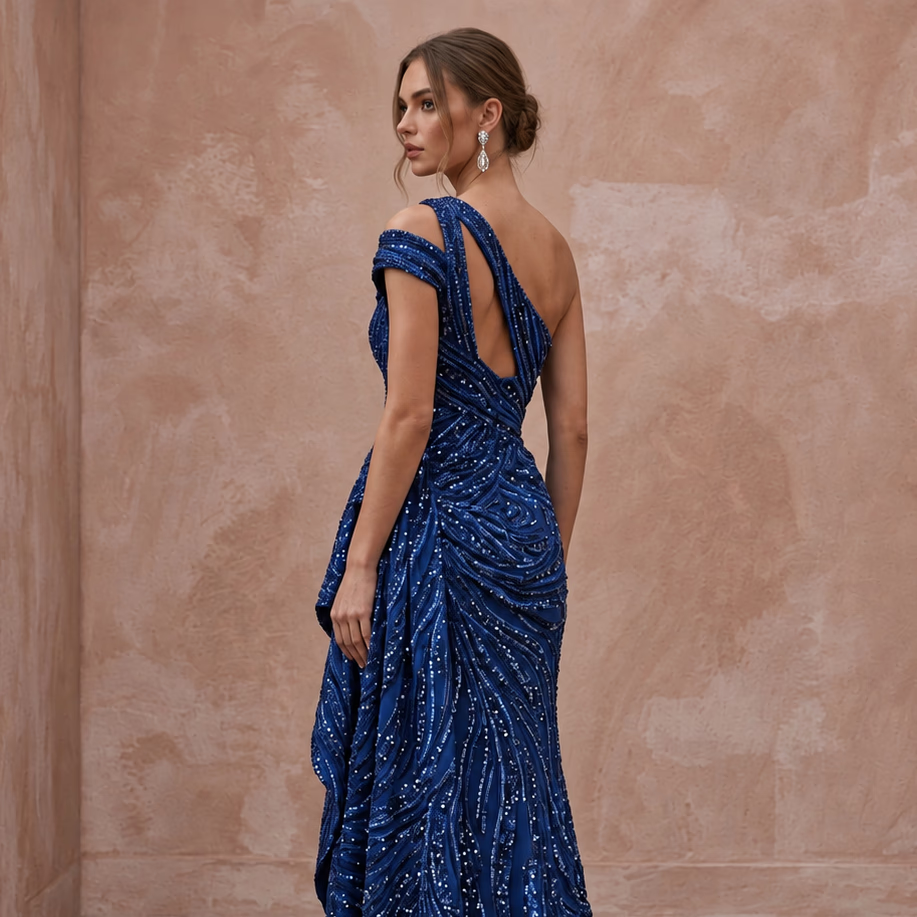Royal Blue Sequined One - Shoulder Asymmetrical Slit Gown - Apparel & Accessories > Clothing > Wedding & Bridal Party Dresses > Wedding Dresses - Mignonette Bridal