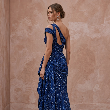 Royal Blue Sequined One - Shoulder Asymmetrical Slit Gown - Apparel & Accessories > Clothing > Wedding & Bridal Party Dresses > Wedding Dresses - Mignonette Bridal