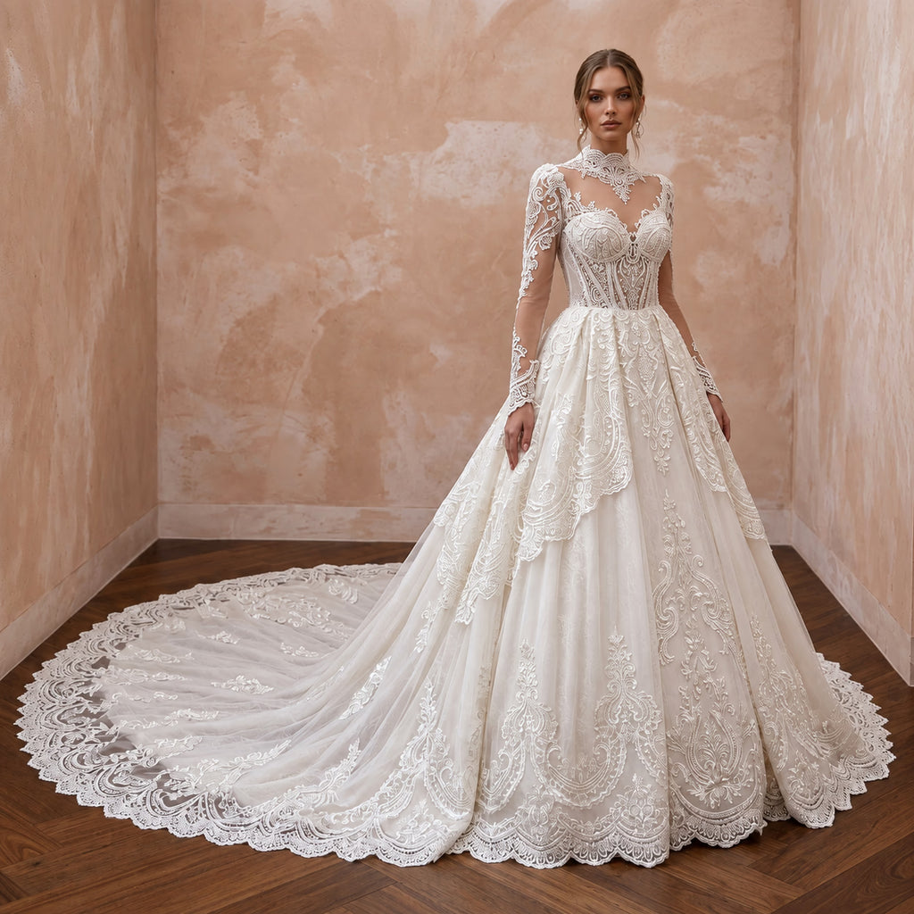 Royal Inspired Lace Bridal Gown with Cathedral Train - Apparel & Accessories > Clothing > Wedding & Bridal Party Dresses > Wedding Dresses - Mignonette Bridal