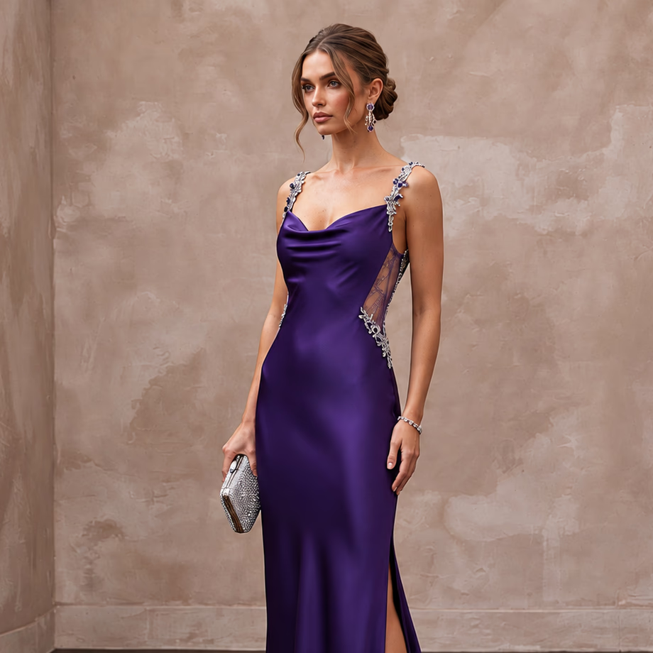 Royal Purple Silk Charmeuse Bias Cut Slip Dress for Black Tie Gala - Apparel & Accessories > Clothing > Wedding & Bridal Party Dresses > Wedding Dresses - Mignonette Bridal