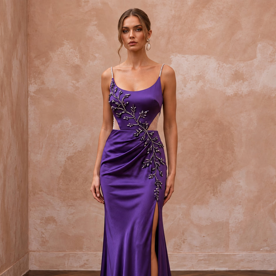Royal Purple Silk Charmeuse Bias Cut Slip Dress for Black Tie Gala