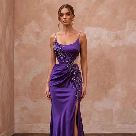 Royal Purple Silk Charmeuse Bias Cut Slip Dress for Black Tie Gala