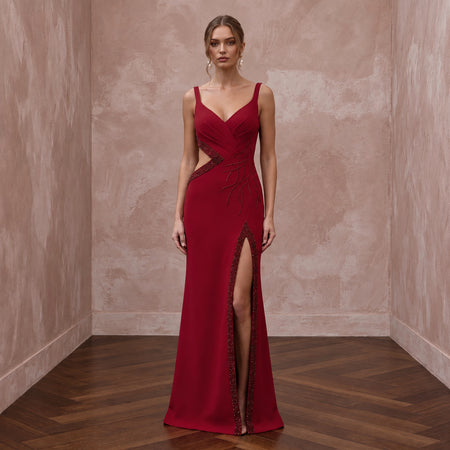 Ruby Red Crepe Cut-Out Waist High Slit Formal Dress
