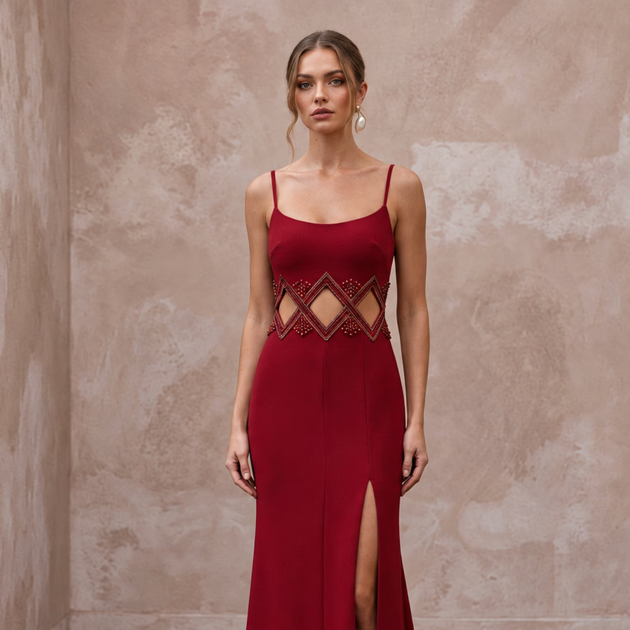 Ruby Red Crepe Cut - Out Waist High Slit Formal Dress - Apparel & Accessories > Clothing > Wedding & Bridal Party Dresses > Wedding Dresses - Mignonette Bridal