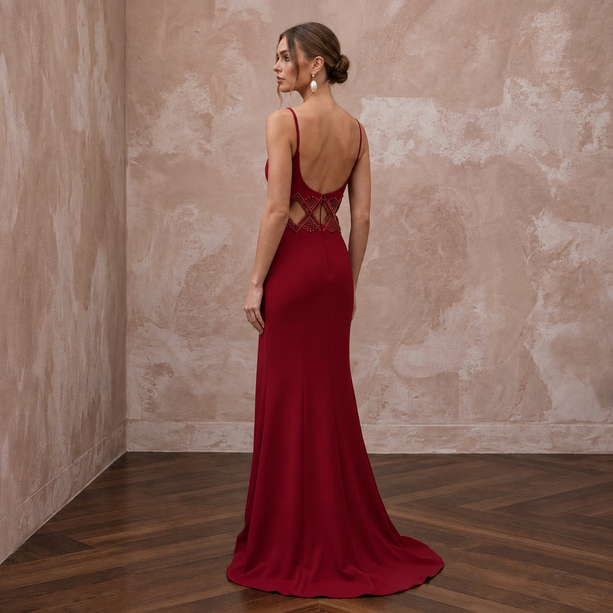 Ruby Red Crepe Cut - Out Waist High Slit Formal Dress - Apparel & Accessories > Clothing > Wedding & Bridal Party Dresses > Wedding Dresses - Mignonette Bridal
