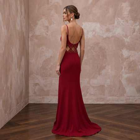 Ruby Red Crepe Cut - Out Waist High Slit Formal Dress - Apparel & Accessories > Clothing > Wedding & Bridal Party Dresses > Wedding Dresses - Mignonette Bridal