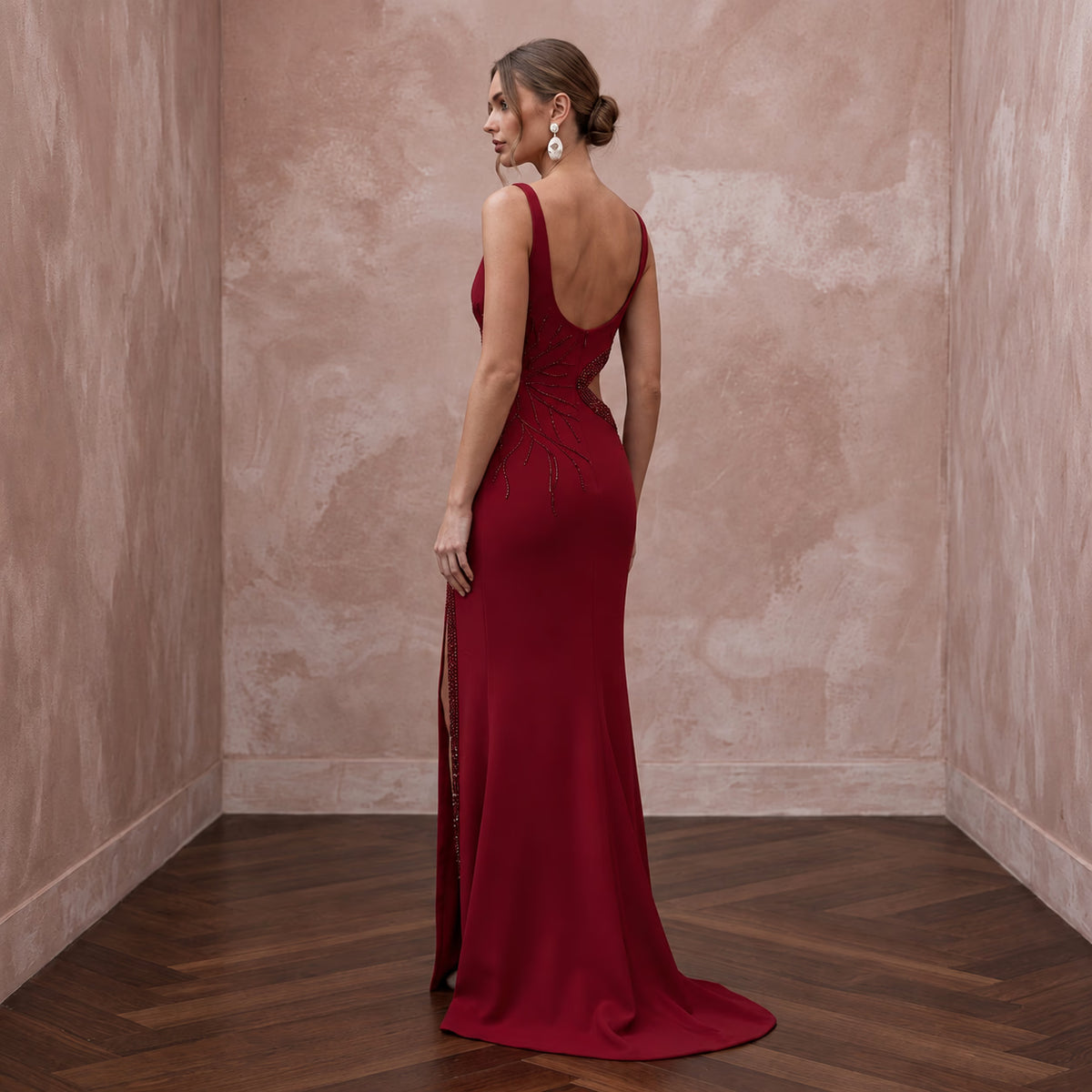Ruby Red Crepe Cut-Out Waist High Slit Formal Dress