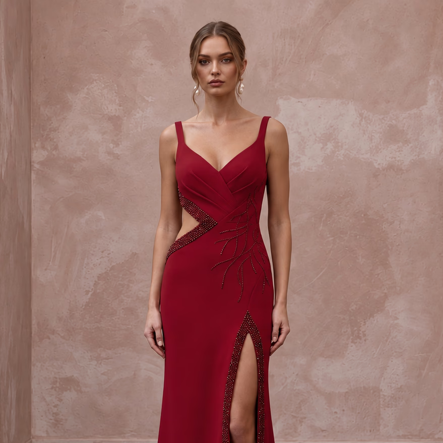 Ruby Red Crepe Cut-Out Waist High Slit Formal Dress