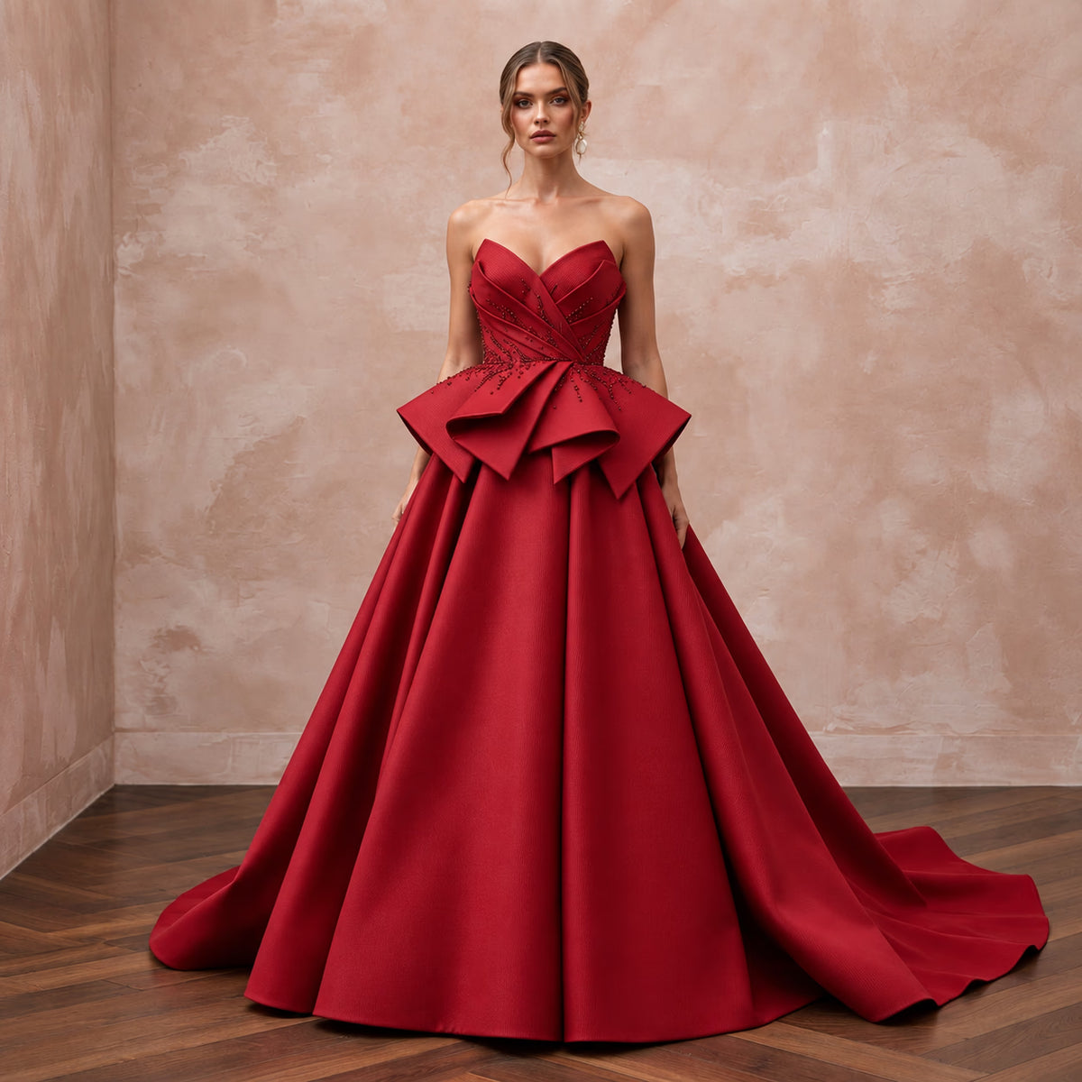 Ruby Red Sculptural Faille Peplum Bodice Strapless Ball Gown