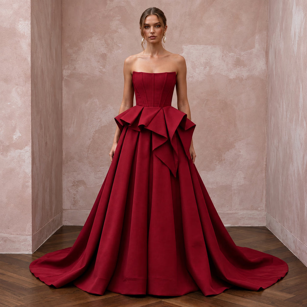 Ruby Red Sculptural Faille Peplum Bodice Strapless Ball Gown