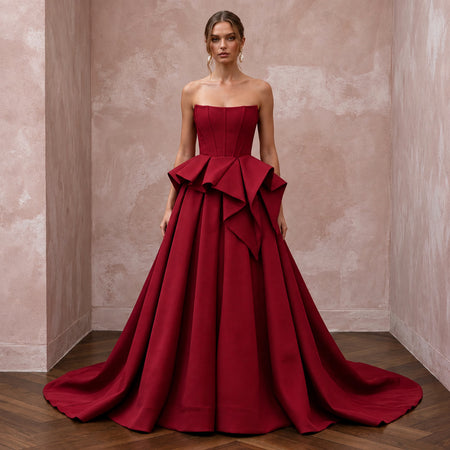 Ruby Red Sculptural Faille Peplum Bodice Strapless Ball Gown