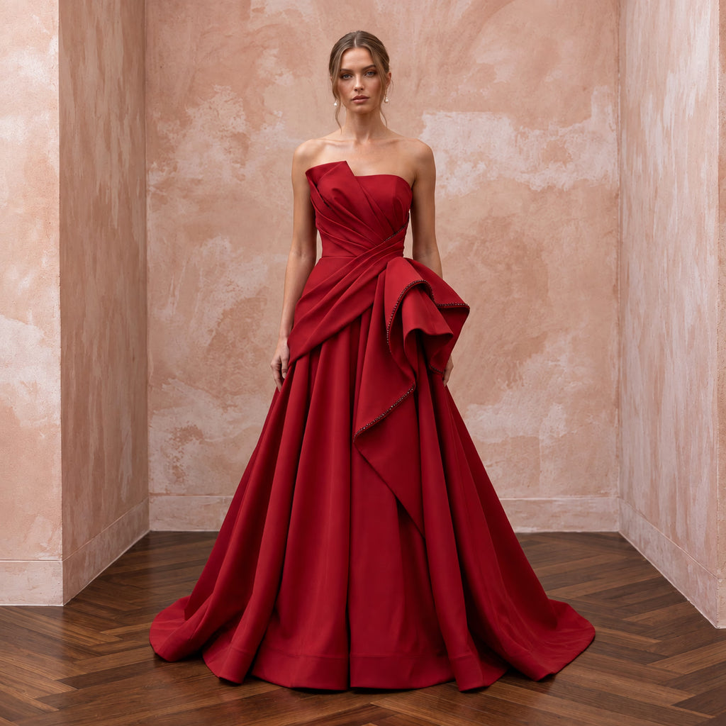 Ruby Red Sculptural Faille Peplum Bodice Strapless Ball Gown