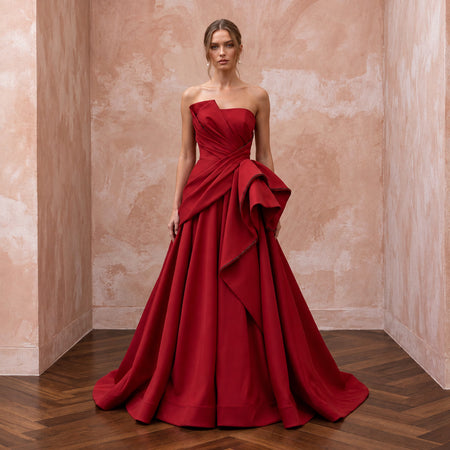 Ruby Red Sculptural Faille Peplum Bodice Strapless Ball Gown