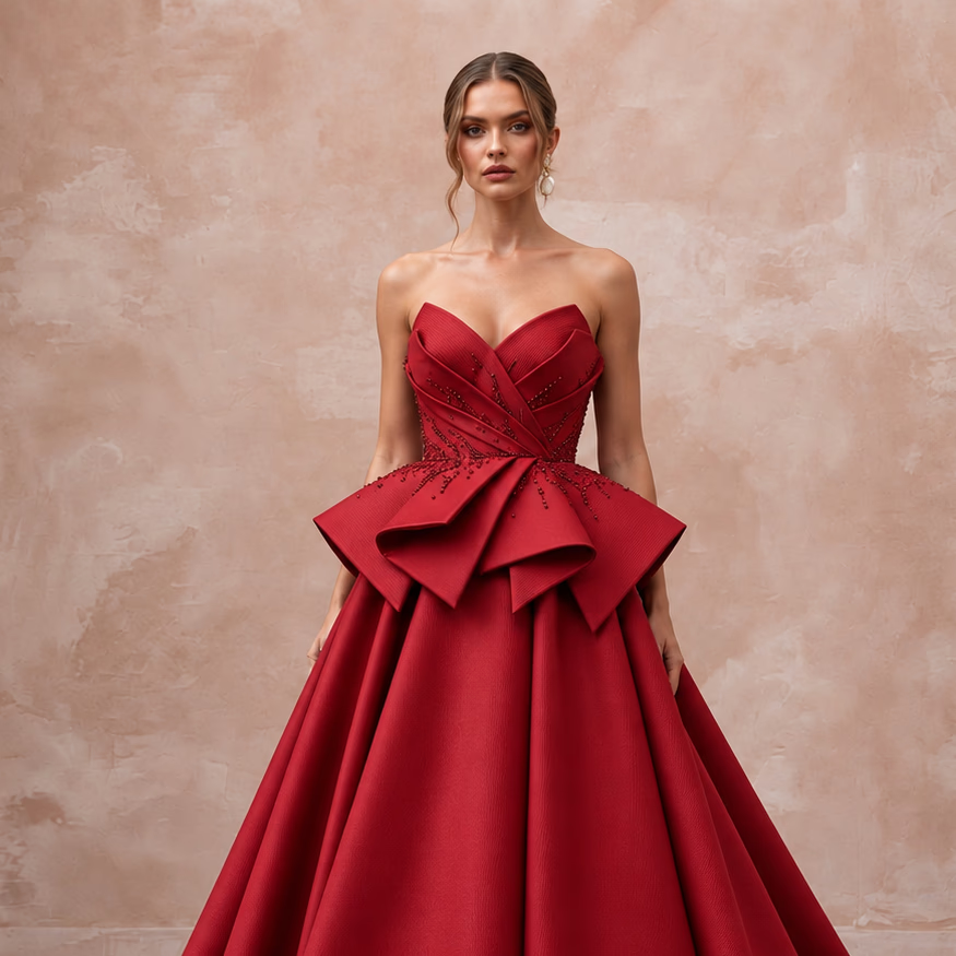 Ruby Red Sculptural Faille Peplum Bodice Strapless Ball Gown