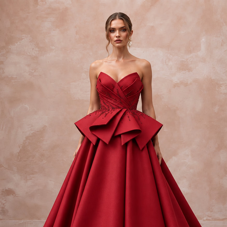 Ruby Red Sculptural Faille Peplum Bodice Strapless Ball Gown