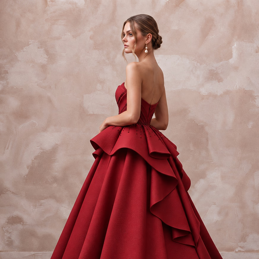 Ruby Red Sculptural Faille Peplum Bodice Strapless Ball Gown