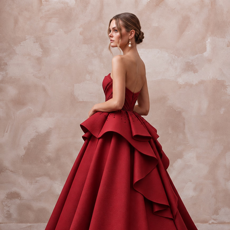 Ruby Red Sculptural Faille Peplum Bodice Strapless Ball Gown