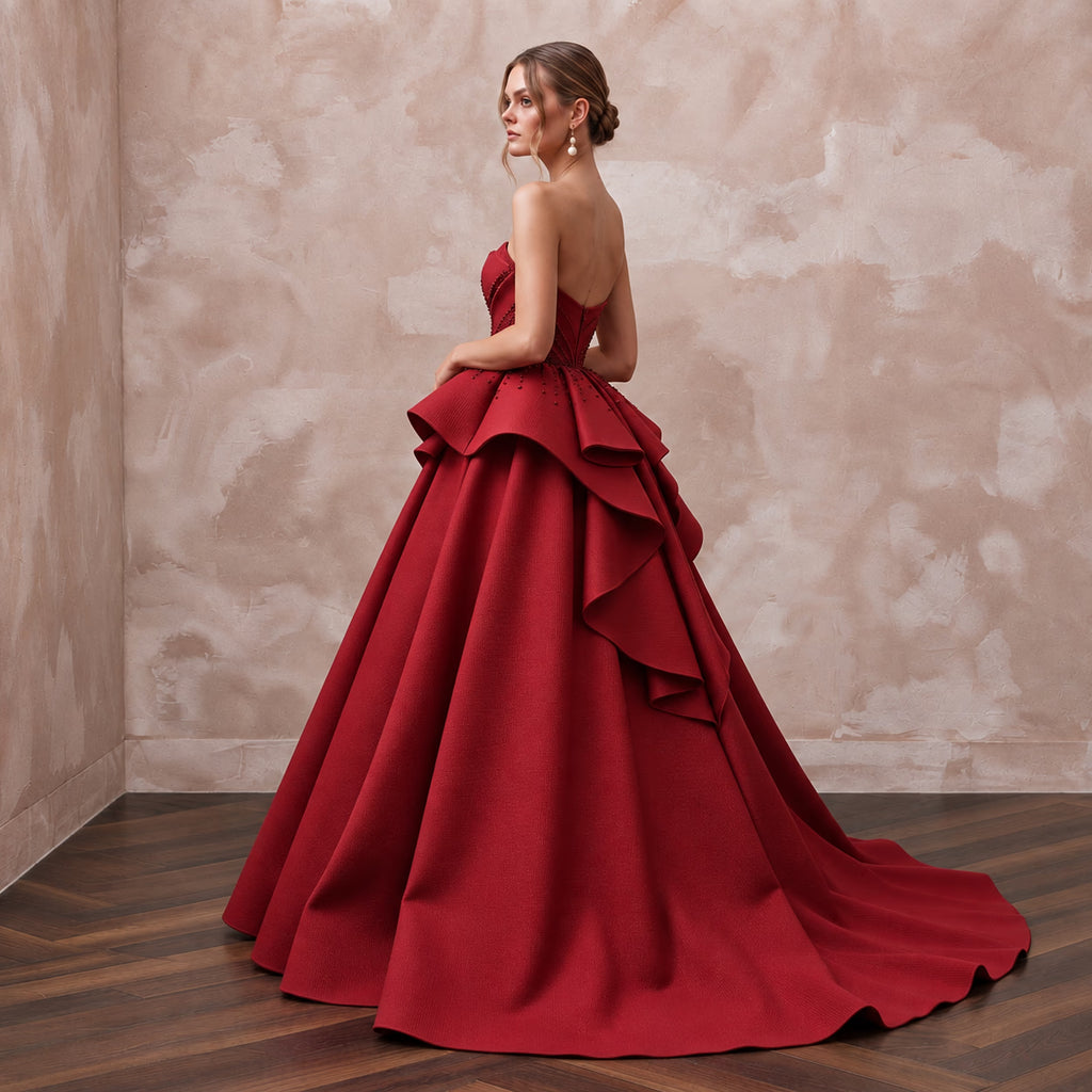 Ruby Red Sculptural Faille Peplum Bodice Strapless Ball Gown