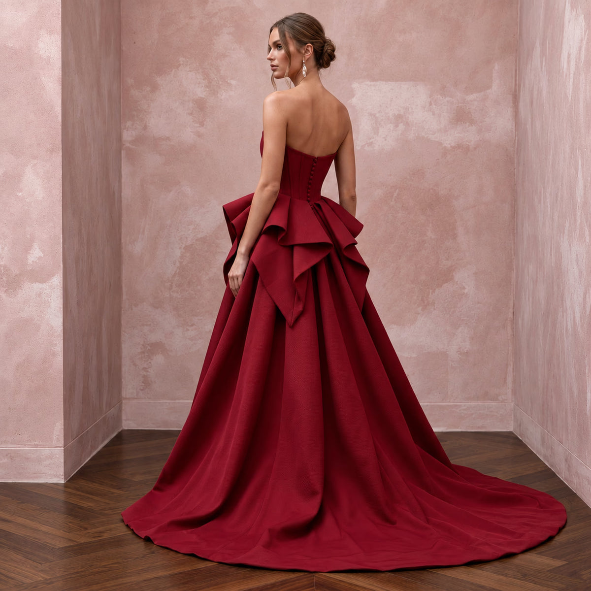 Ruby Red Sculptural Faille Peplum Bodice Strapless Ball Gown