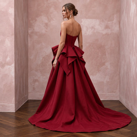 Ruby Red Sculptural Faille Peplum Bodice Strapless Ball Gown