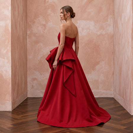Ruby Red Sculptural Faille Peplum Bodice Strapless Ball Gown