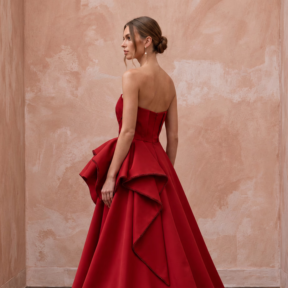Ruby Red Sculptural Faille Peplum Bodice Strapless Ball Gown