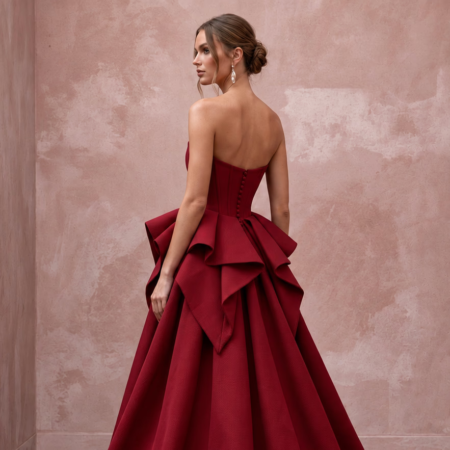 Ruby Red Sculptural Faille Peplum Bodice Strapless Ball Gown