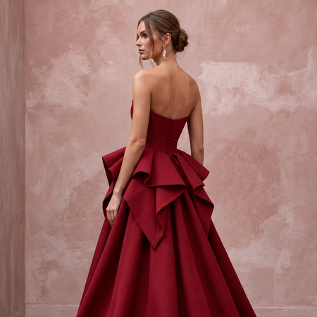 Ruby Red Sculptural Faille Peplum Bodice Strapless Ball Gown