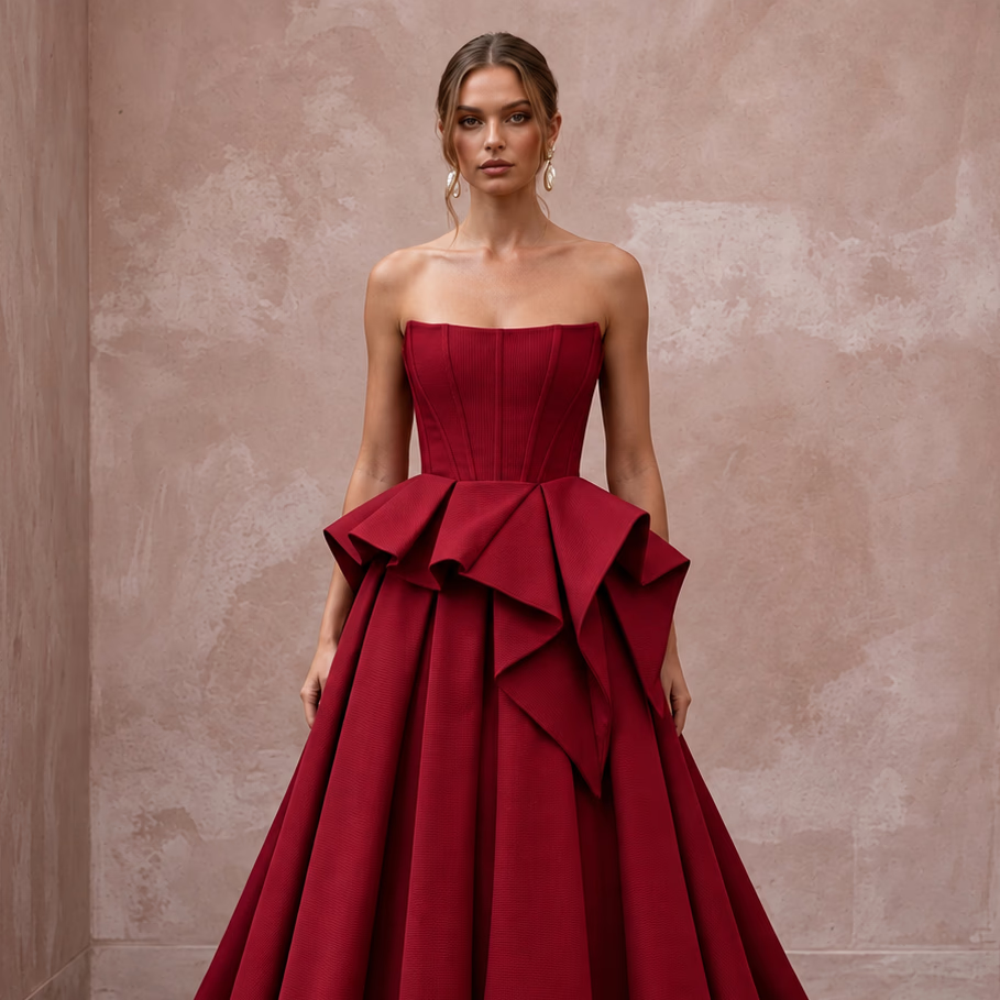 Ruby Red Sculptural Faille Peplum Bodice Strapless Ball Gown